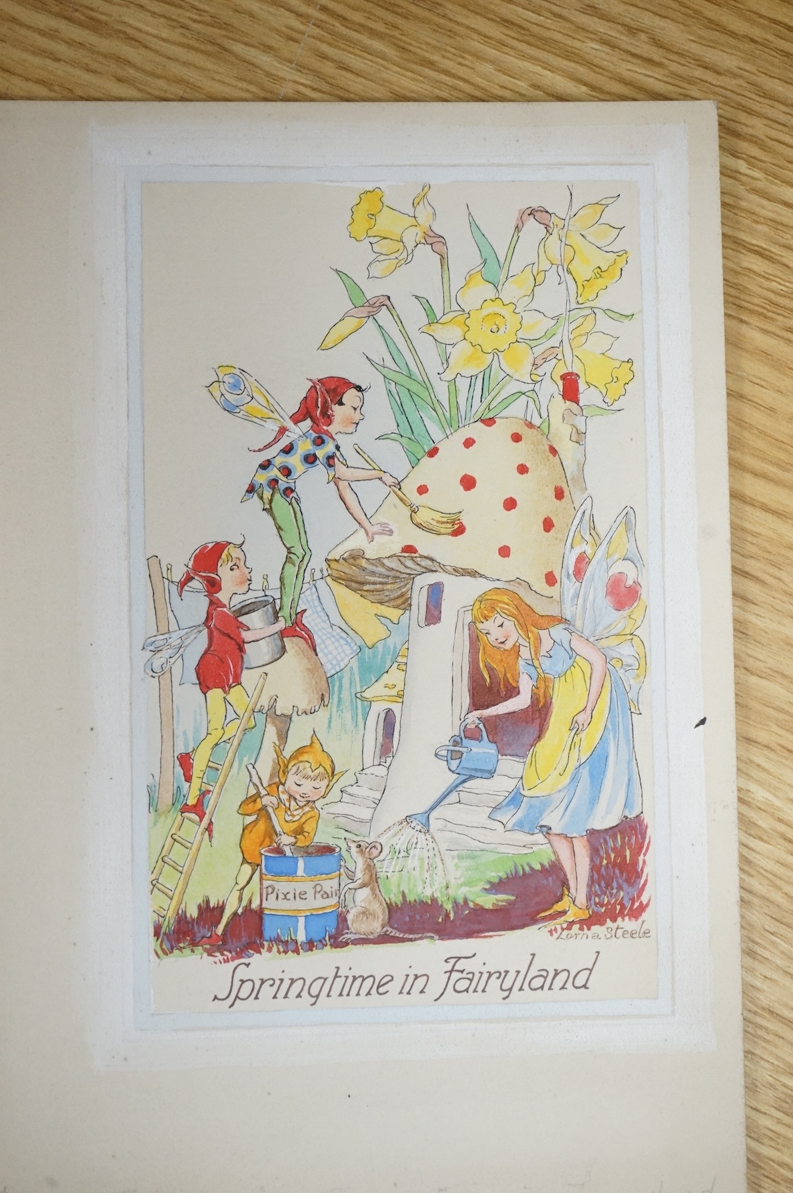 Lorna Steele (1902-1990), a set of six original watercolours for children's postcard artworks, Fun in Fairyland, each signed and inscribed, unframed, largest 27 x 16cm